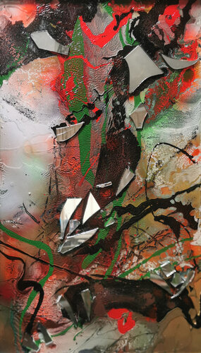 Wind and flowers in a Tibet garden 4 beautiful mixed media on wood action painting by KLOSKA van Ovidiu Kloska, Schilderij te koop op Singulart