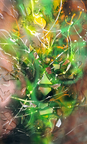 Wind and flowers in a Tibet garden 7 beautiful mixed media on wood action painting by KLOSKA van Ovidiu Kloska, Schilderij te koop op Singulart