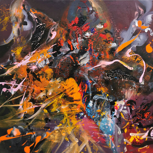 Enigmatic ornage and dark rust beautiful colorfull painting by master Ovidiu Kloska di Ovidiu Kloska, Pittura in vendita su Singulart