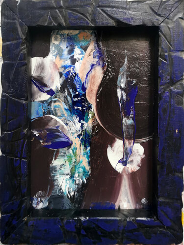 Framed small size abstract dark blue still life O Kloska van Ovidiu Kloska, Schilderij te koop op Singulart