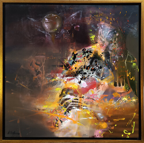 Large framed abstract enigmatic The collector of autumn leaves master O Kloska van Ovidiu Kloska, Schilderij te koop op Singulart