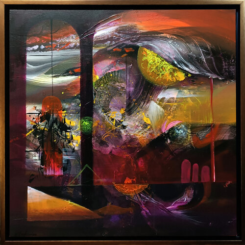 Large framed abstract enigmatic painting Autumn melancholy signed O Kloska van Ovidiu Kloska, Schilderij te koop op Singulart