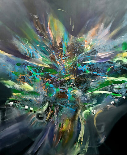 Large scale dreamy green and blue beautiful colorfull painting by master Ovidiu Kloska par Ovidiu Kloska, Peinture en vente sur Singulart