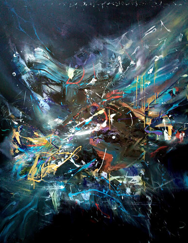 Large scale dreamy blue and dark purple beautiful colorfull painting by master Ovidiu Kloska par Ovidiu Kloska, Peinture en vente sur Singulart