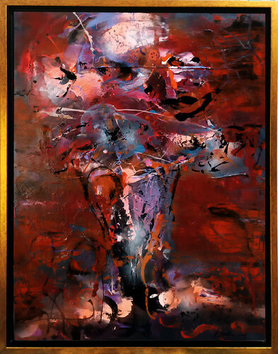 Framed red colors old patina painting melancholia still life by O KLOSKA par Ovidiu Kloska, Peinture en vente sur Singulart