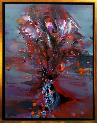 Framed red and purple colors  painting enigmatic still life by O KLOSKA par Ovidiu Kloska, Peinture en vente sur Singulart