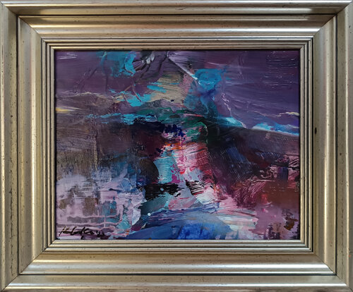 Small framed abstract enigmatic landscape Winter hills with down Kloska par Ovidiu Kloska, Peinture en vente sur Singulart