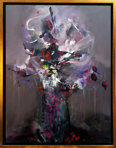 Framed gray red and purple colors  painting enigmatic still life by O KLOSKA par Ovidiu Kloska, Peinture en vente sur Singulart