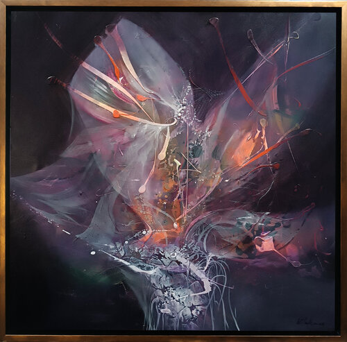 Angelic and twisted transformation abstract flowers framed painting O Klosk par Ovidiu Kloska, Peinture en vente sur Singulart