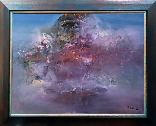 Large framed abstract enigmatic landscape Foggy morning in  Tibet signed O Kloska Ovidiu Kloska
