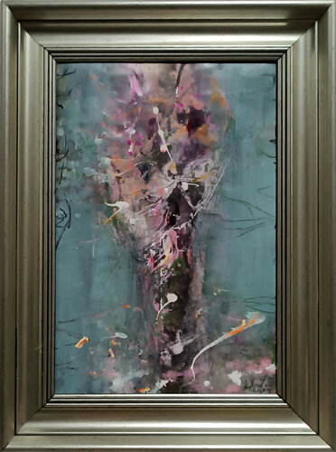 Framed spring blossom flowers colors painting enigmatic still life by O KLOSKA par Ovidiu Kloska, Peinture en vente sur Singulart