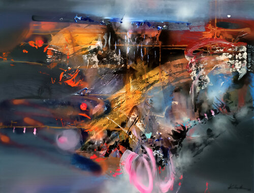 Large masterpiece Rain in a butterfly garden enigmatic mindscape by O Kloska van Ovidiu Kloska, Schilderij te koop op Singulart