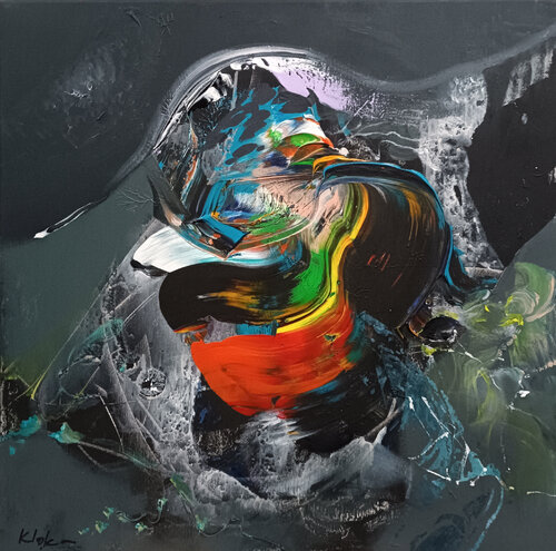 Catching the bird fish enigmatic colorfulpainting signed by master Ovidiu Kloska par Ovidiu Kloska, Peinture en vente sur Singulart