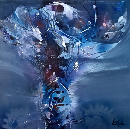 Oneiric blue velvet  vase with night flowers masterpiece O KLOSKA par Ovidiu Kloska, Peinture en vente sur Singulart