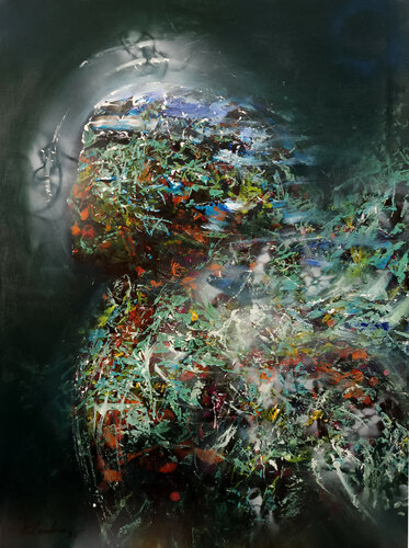 GOTHIC ENIGMATIC CELESTIAL DARK GREEN AND BLUE ANGEL MASTER O KLOSKA par Ovidiu Kloska, Peinture en vente sur Singulart