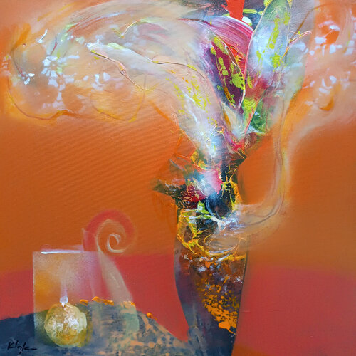 Perenity Pot with autumn flowers and a lemon Still Life masterpiece by O KLOSKA par Ovidiu Kloska, Peinture en vente sur Singulart