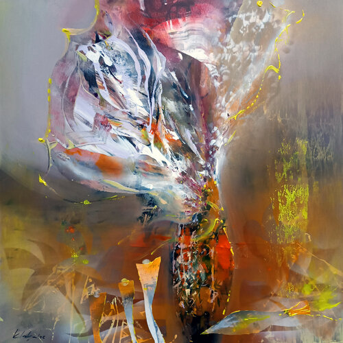 Memory Flowers in an Orange Pot with an Unexpected Fish Still Life masterpiece by O KLOSKA par Ovidiu Kloska, Peinture en vente sur Singulart