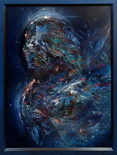 FRAMED GOTHIC ENIGMATIC CELESTIAL DARK BLUE ANGEL MASTER O KLOSKA par Ovidiu Kloska, Peinture en vente sur Singulart