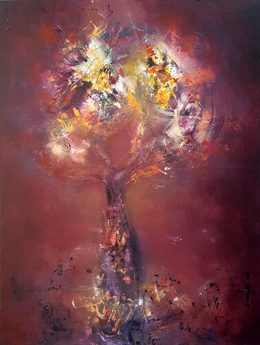 Red burgundy light flowers of eternity light painting by O KLOSKA di Ovidiu Kloska, Pittura in vendita su Singulart