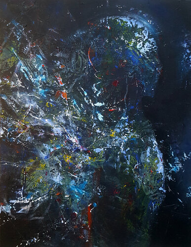 DARK BLUE INCANDESCENT ENERGY ANGEL SPIRITUAL BIZZARE ART BY MASTER O KLOSKA van Ovidiu Kloska, Schilderij te koop op Singulart