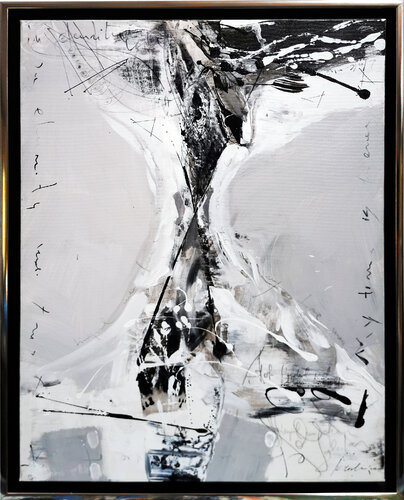 Framed Black And White Spontaneous Gestural Still Life By O KLOSKA van Ovidiu Kloska, Schilderij te koop op Singulart