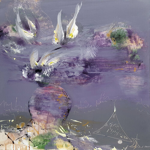 Superb Colors Violet And Grey Still Life By O KLOSKA van Ovidiu Kloska, Schilderij te koop op Singulart