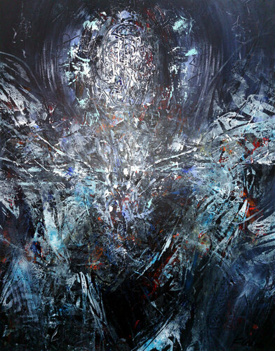 Dark incandescent blue enigmatic abstract angel composition by master O KLOSKA di Ovidiu Kloska, Pittura in vendita su Singulart
