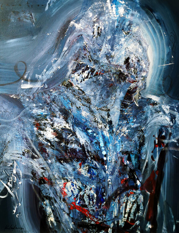 Enigmatic eclectic blue light angel spiritual painting by master O Kloska Ovidiu Kloska