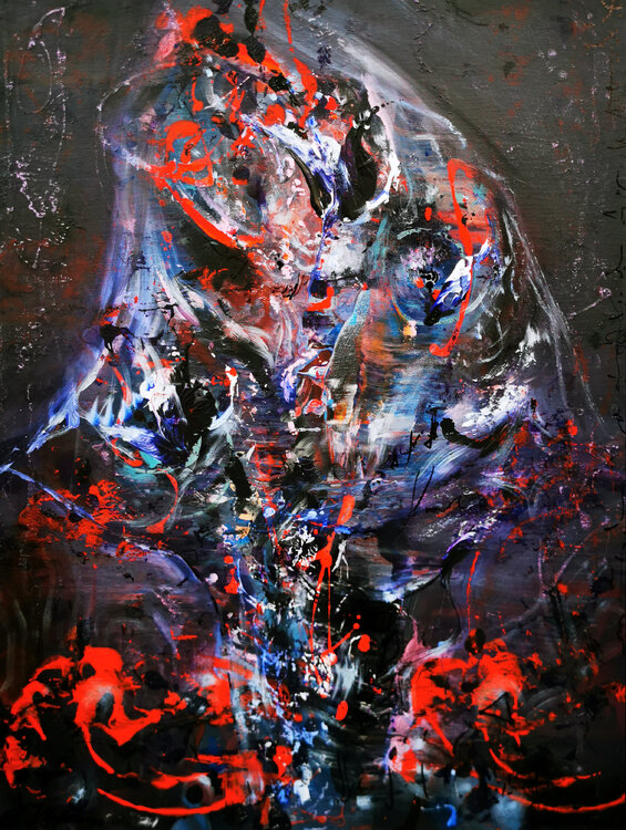 Deep purple and red enigmatic dark gothic abstract gestural abstract painting still life by O Kloska Ovidiu Kloska
