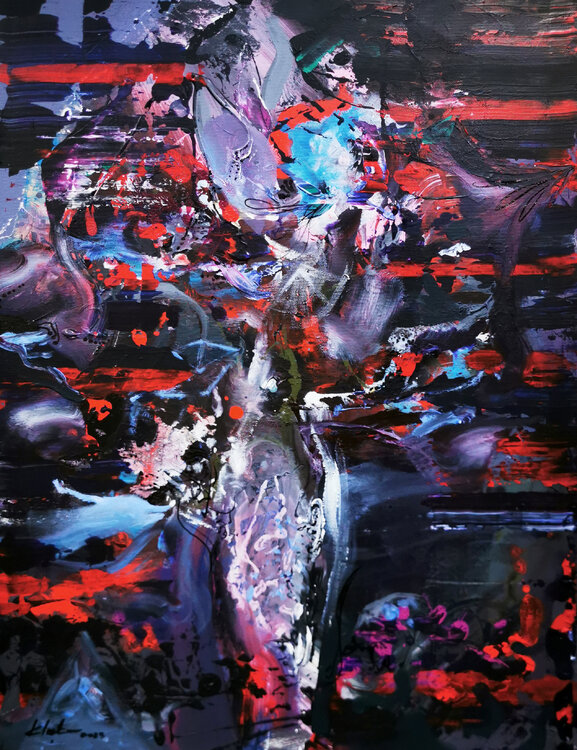 Deep black and red enigmatic dark gothic abstract gestural abstract painting still life by O Kloska Ovidiu Kloska