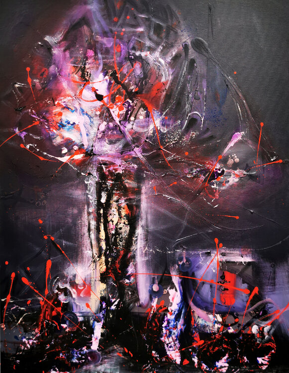Deep velvet and red enigmatic enigmatic abstract gestural abstract painting still life by O Kloska Ovidiu Kloska
