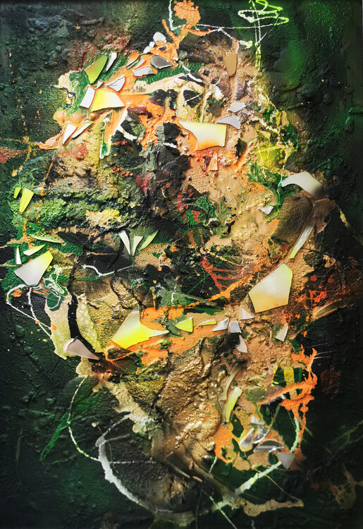 Wind and flowers in a Tibet garden 3 large beautiful mixed media on wood action painting by KLOSKA Ovidiu Kloska