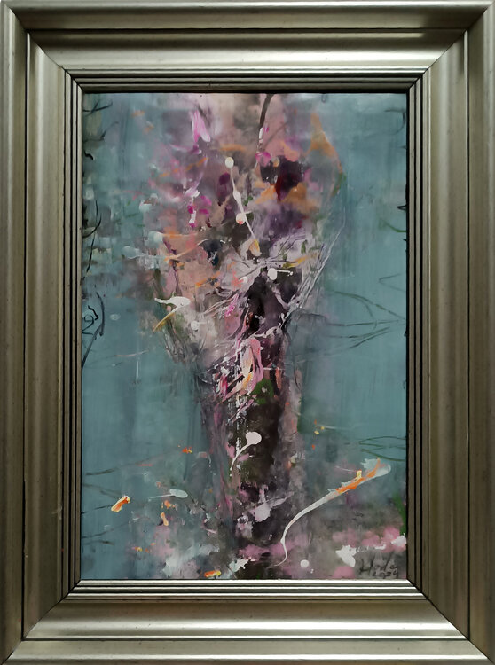 Framed spring blossom flowers colors painting enigmatic still life by O KLOSKA Ovidiu Kloska