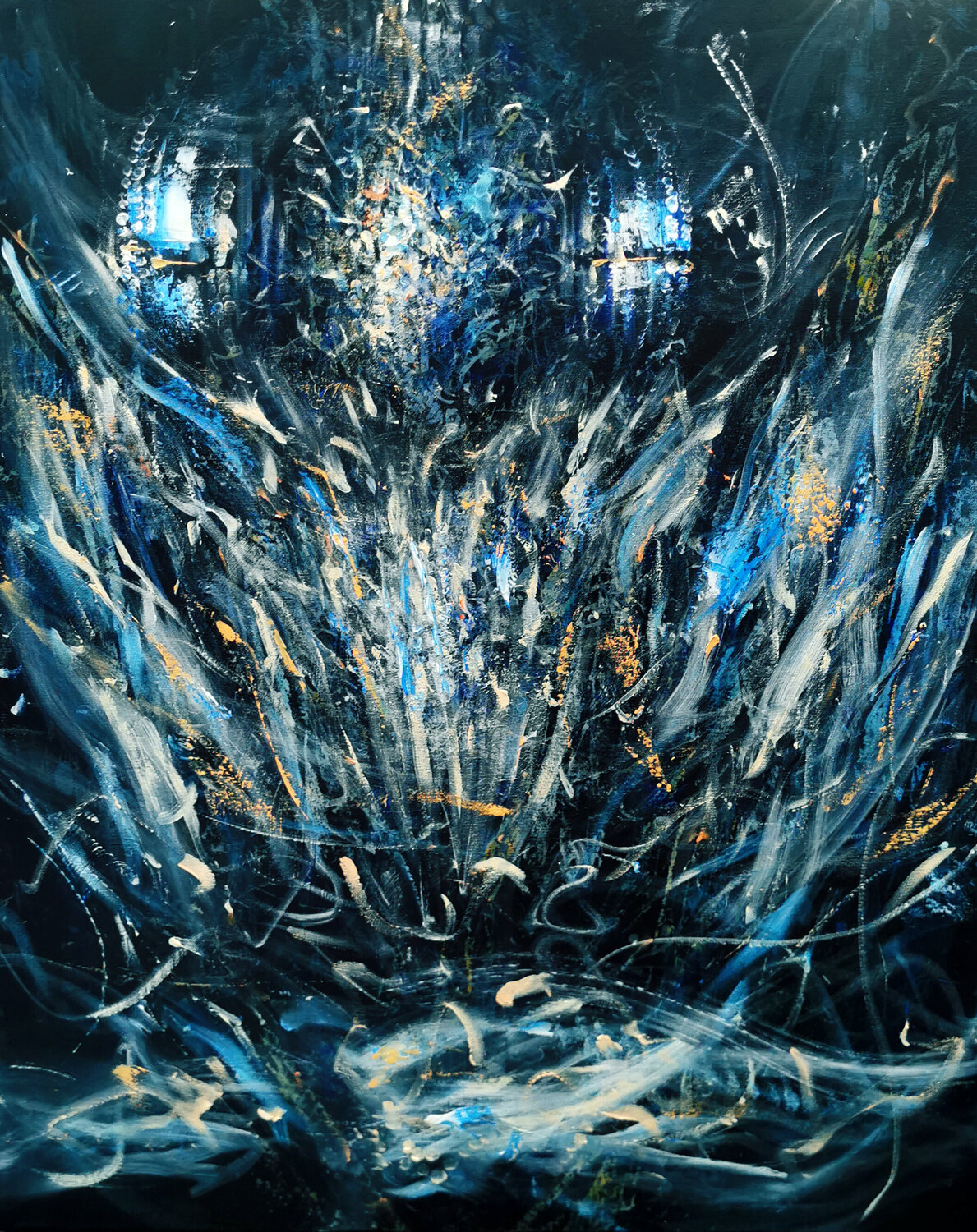Large enigmatic metaphysical dark blue angel compisition by master KLOSKA Ovidiu Kloska Dipinto originale in vendita