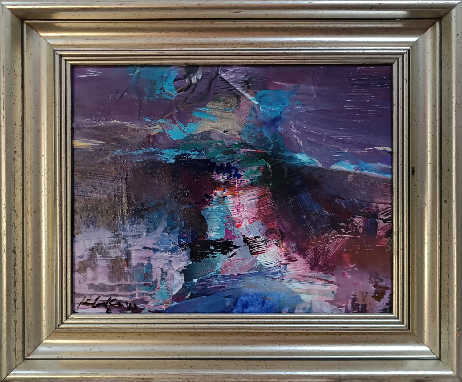 Small framed abstract enigmatic landscape Winter hills with down Kloska Ovidiu Kloska Originalgemälde zu verkaufen