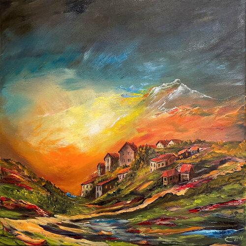 Landschaft mit Häusern van Carola E. Thiele, Schilderij te koop op Singulart