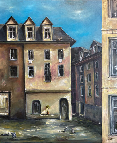 Stadt der Katzen im Sommer van Carola E. Thiele, Schilderij te koop op Singulart
