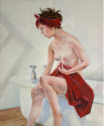 UNE JEUNE FEMME DANS LA SALLE DE BAIN von Peter Goodhall, Malerei kaufen auf Singulart