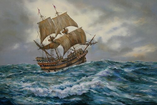 THE MAYFLOWER IN HEAVY SEAS, 1620 by Peter Goodhall, 회화 for Sale on Singulart