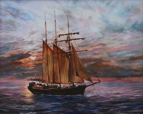 SCHOONER SAILING IN LIGHT WINDS UNDER AN EVENING SKY van Peter Goodhall, Schilderij te koop op Singulart