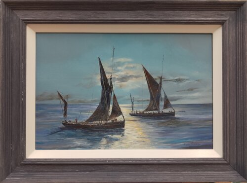 THAMES BARGES IN THE MOONLIGHT di Peter Goodhall, Pittura in vendita su Singulart