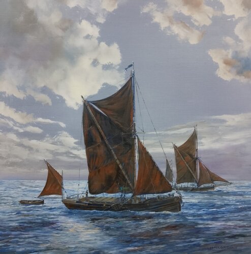 THAMES SAILING BARGES IN THE MOONLIGHT par Peter Goodhall, Peinture en vente sur Singulart
