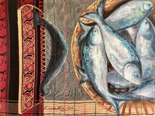 TANT AND HILSA FISH van Anukta Mukherjee Ghosh, Schilderij te koop op Singulart