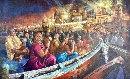 DEVOTEES - EVENING AARTI AT VARANASI van Anukta Mukherjee Ghosh, Schilderij te koop op Singulart