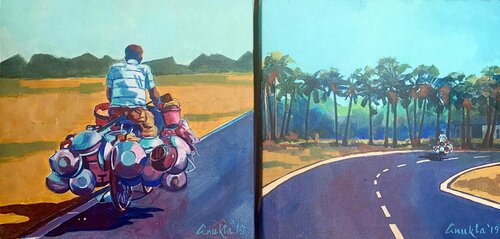OFF TO WORK - NEAR & FAR di Anukta Mukherjee Ghosh, Pittura in vendita su Singulart