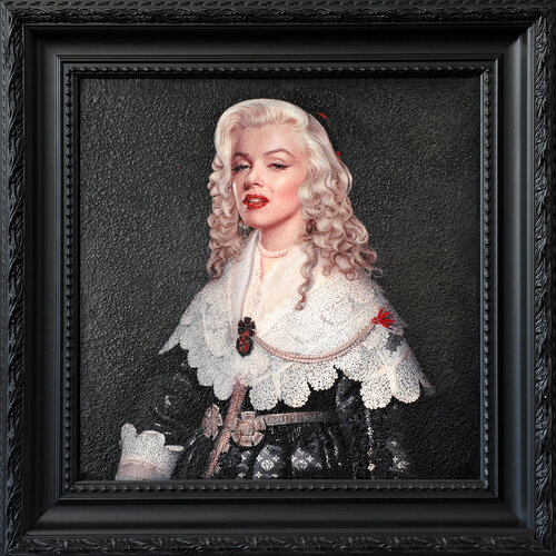 Marilyn Monroe versus Aegje Hasselaer (orignal Michiel Jansz van Mierevelt 1640) (Including frame 55x55cm) di Karin Vermeer, Pittura in vendita su Singulart