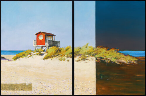 Red Lifeguard Tower Diptych von Bo Kravchenko, Malerei kaufen auf Singulart
