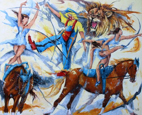 Ecuyères au clown van Jean-Luc Lopez, Schilderij te koop op Singulart
