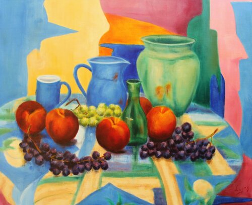 Pêches à la carafe bleue von Jean-Luc Lopez, Malerei kaufen auf Singulart