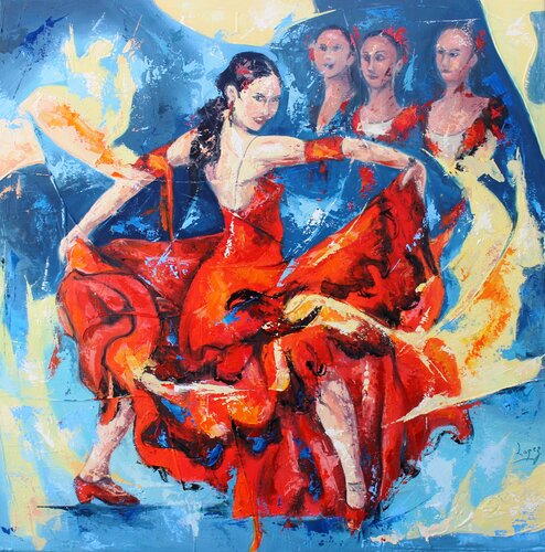 Flamenco aux trois prétendantes von Jean-Luc Lopez, Malerei kaufen auf Singulart